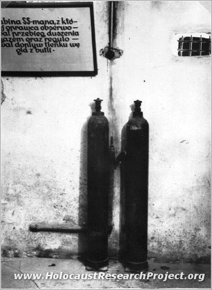 Cylinders of carbon monoxide placed beside the gas chamber in the Majdanek camp.